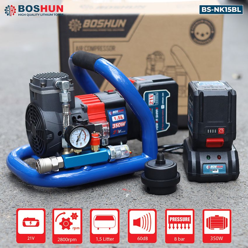 Máy nén khí không dầu pin Boshun BS-NK15BL (1.5L) - Chân pin phổ thông M21 - image 1