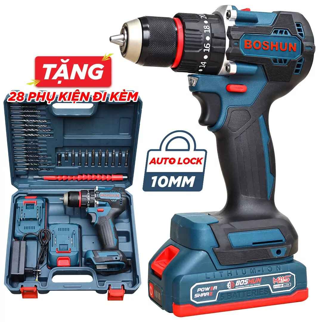 Máy khoan pin Boshun BS-ID1065BL (Đầu kẹp 10mm) - Kèm 2 pin 2.0Ah